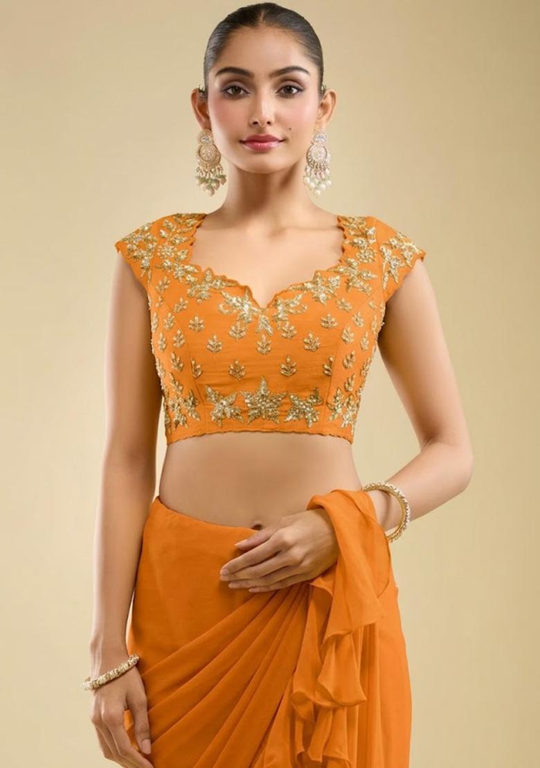 Rust Orange Hand Work Embroidered Georgette Pre Draped Saree Set - Indya