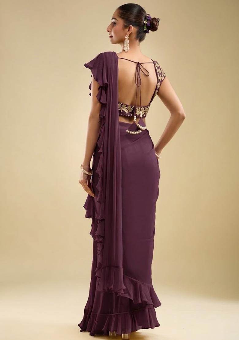 Violet Hand Work Embroidered Georgette Pre Draped Saree Set - Indya