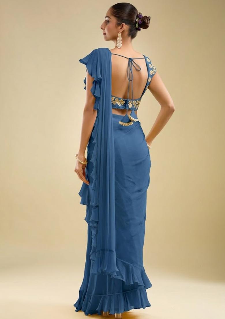 Deep Blue Hand Work Embroidered Georgette Pre Draped Saree Set - Indya