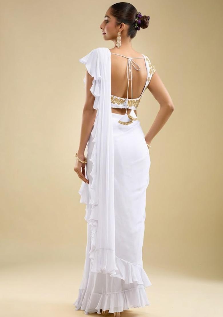 White Hand Work Embroidered Georgette Pre Draped Saree Set - Indya