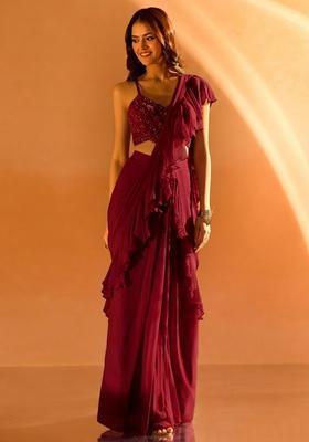 Deep Red Hand Work Embellished Georgette Pre Draped Saree Set