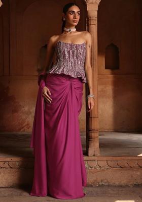 Pink Hand Work Sequin Crepe Pre Draped Saree Set