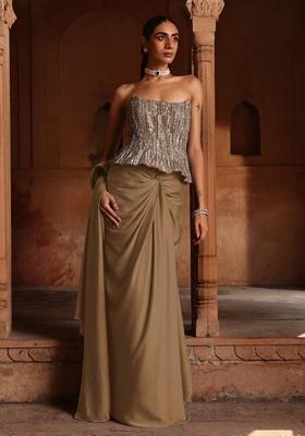 Mustard Yellow Hand Work Sequin Crepe Pre Draped Saree Set