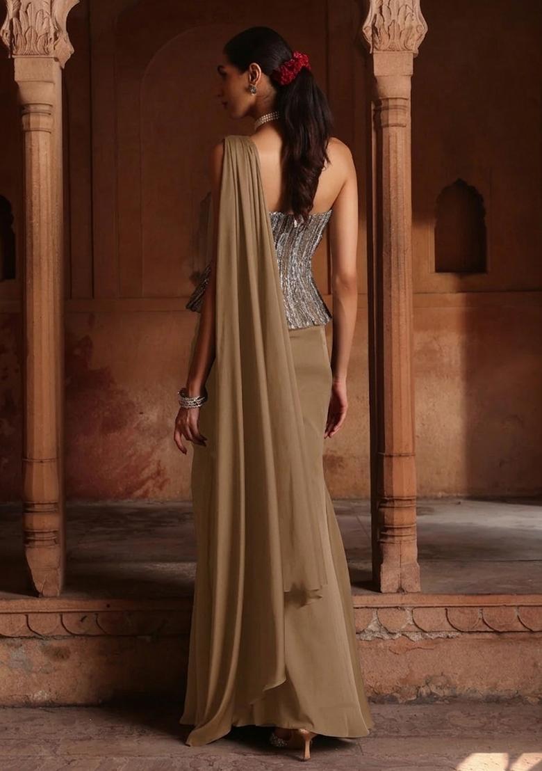 Mustard Yellow Hand Work Sequin Crepe Pre Draped Saree Set - Indya