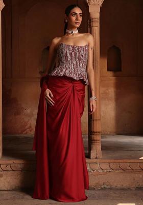 Deep Red Hand Work Sequin Crepe Pre Draped Saree Set