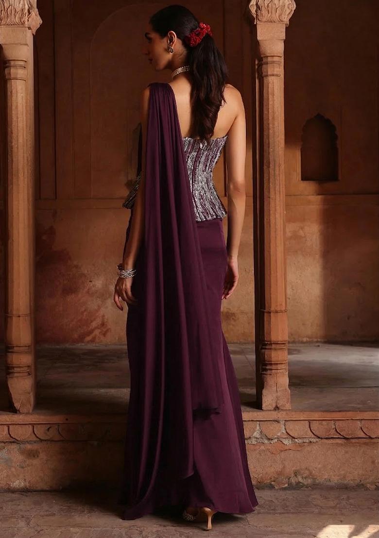 Plum Hand Work Sequin Crepe Pre Draped Saree Set - Indya