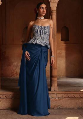 Sky Blue Hand Work Sequin Crepe Pre Draped Saree Set