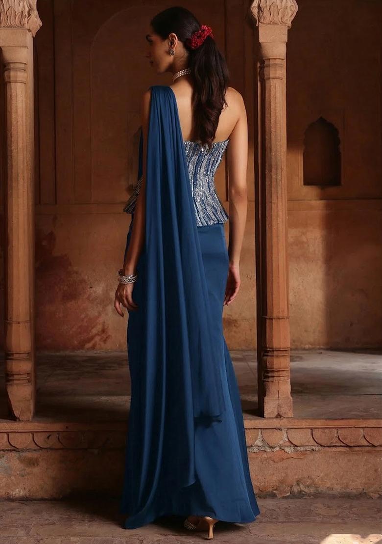 Sky Blue Hand Work Sequin Crepe Pre Draped Saree Set - Indya