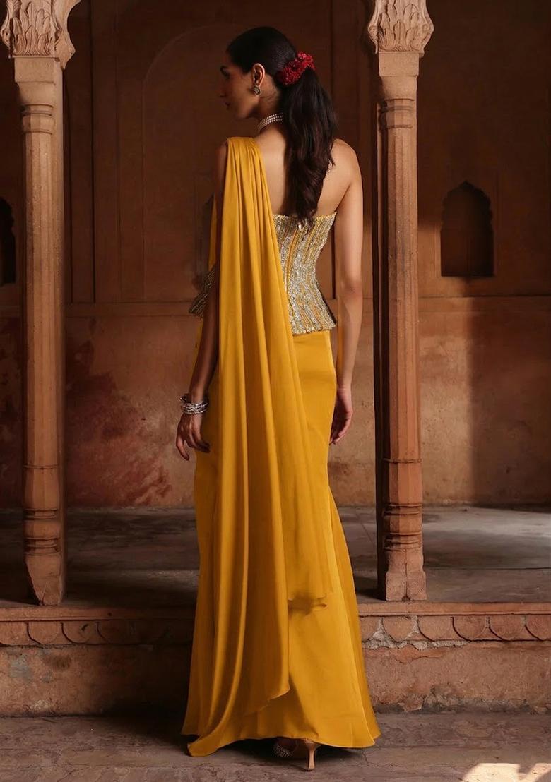 Bright Yellow Hand Work Sequin Crepe Pre Draped Saree Set - Indya