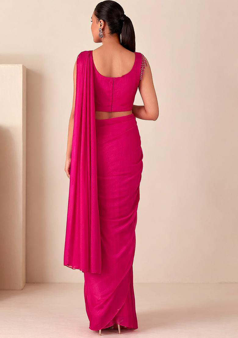 Berry Pink Hand Work Embellished Georgette Pre Draped Saree Set - Indya