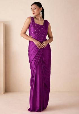 Violet Hand Work Embellished Georgette Pre Draped Saree Set