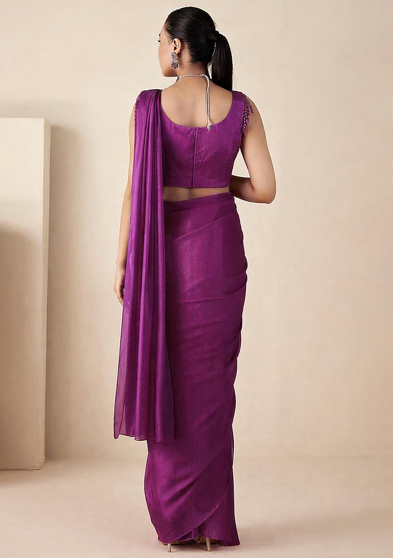 Violet Hand Work Embellished Georgette Pre Draped Saree Set - Indya