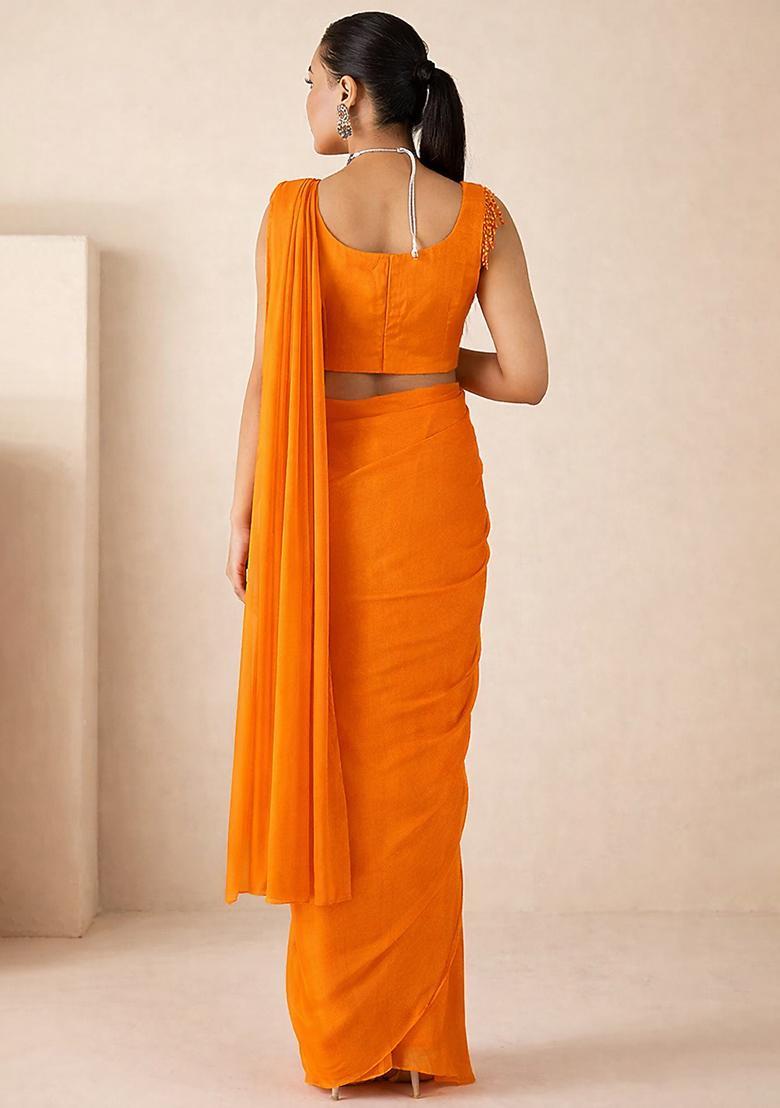 Orange Hand Work Embellished Georgette Pre Draped Saree Set - Indya