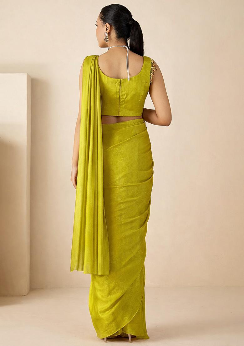 Olive Green Hand Work Embellished Georgette Pre Draped Saree Set - Indya