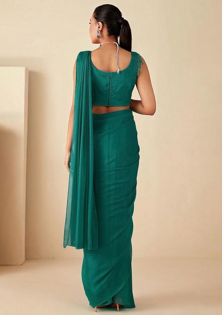 Light Green Hand Work Embellished Georgette Pre Draped Saree Set - Indya