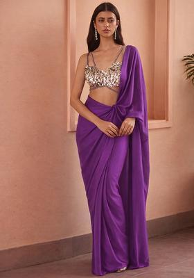 Lavender Hand Work Sequin Crepe Pre Draped Saree Set
