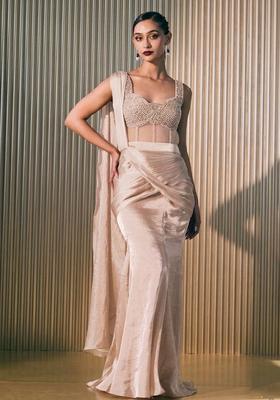 Beige Hand Work Embellished Silk Blend Pre Draped Saree Set