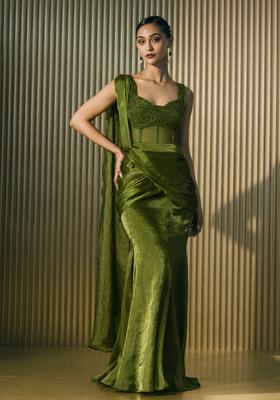 Olive Green Hand Work Embellished Silk Blend Pre Draped Saree Set