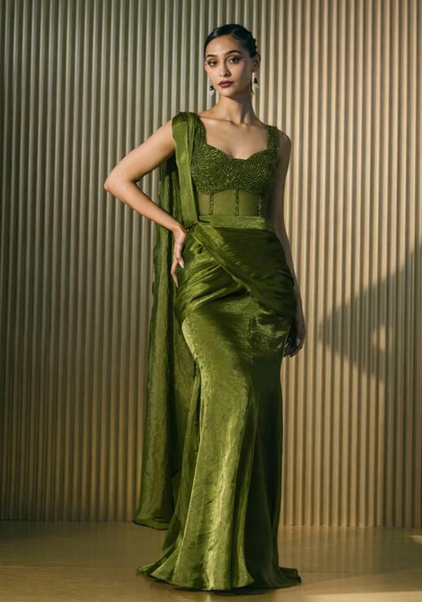 Olive Green Hand Work Embellished Silk Blend Pre Draped Saree Set