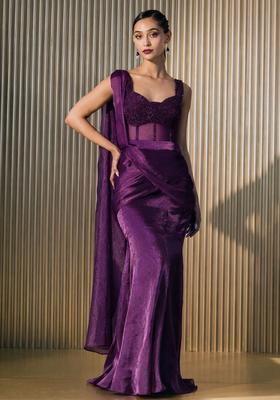 Purple Hand Work Embellished Silk Blend Pre Draped Saree Set