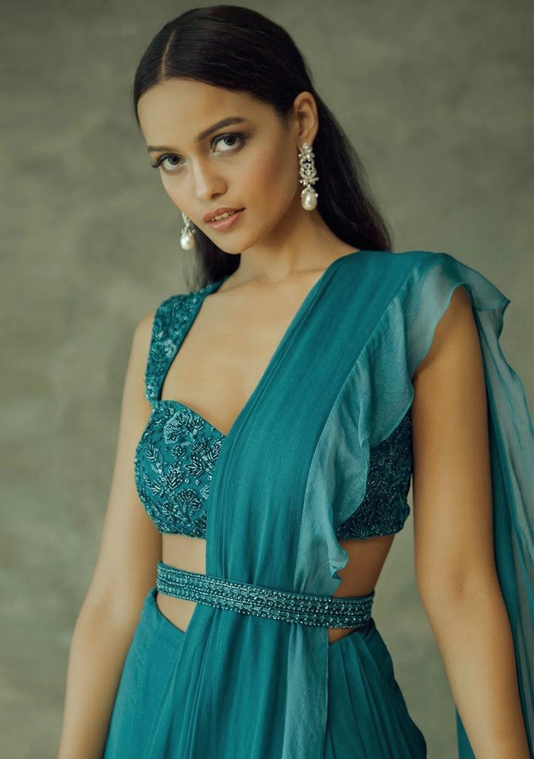 Teal Green Hand Work Embellished Chinon Pre Draped Saree Set - Indya