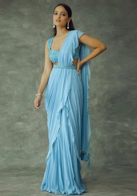 Powder Blue Hand Work Embellished Chinon Pre Draped Saree Set