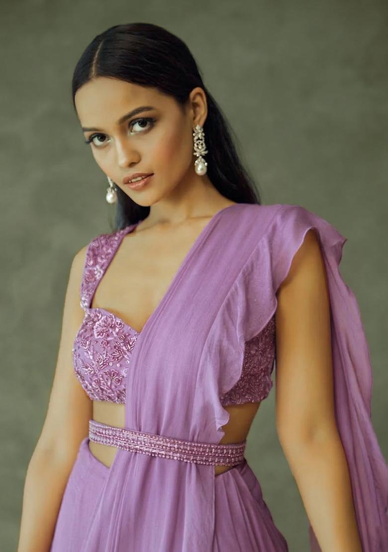 Lavender Hand Work Embellished Chinon Pre Draped Saree Set - Indya