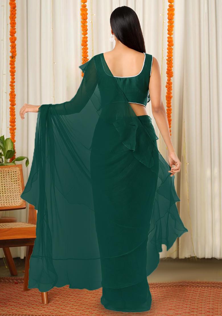 Forest Green Hand Work Embellished Chinon Pre Draped Saree Set - Indya