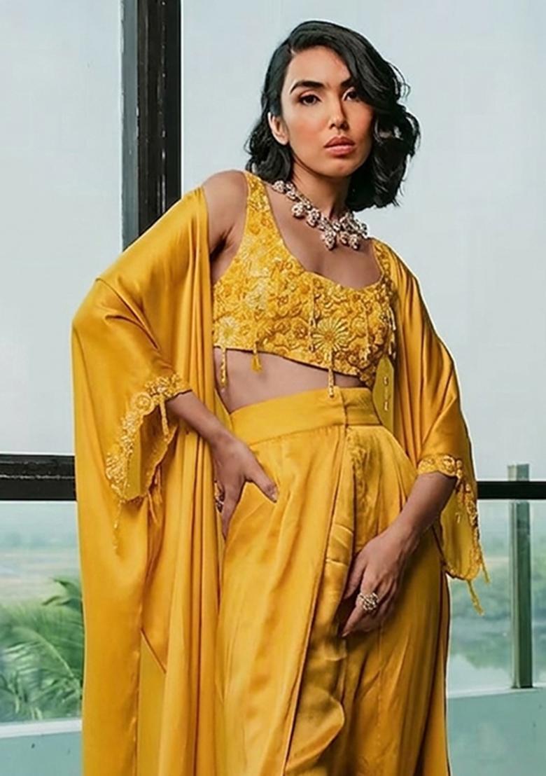 Bright Yellow Hand Work Embellished Fusion Set - Indya