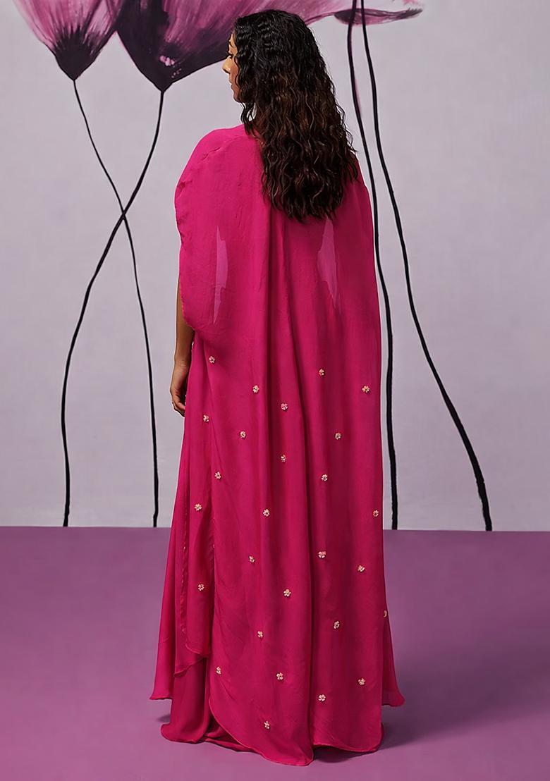 Bright Pink Hand Work Embroidered Fusion Set - Indya
