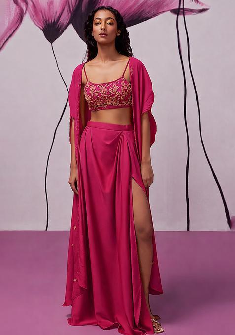 Bright Pink Hand Work Embroidered Fusion Set