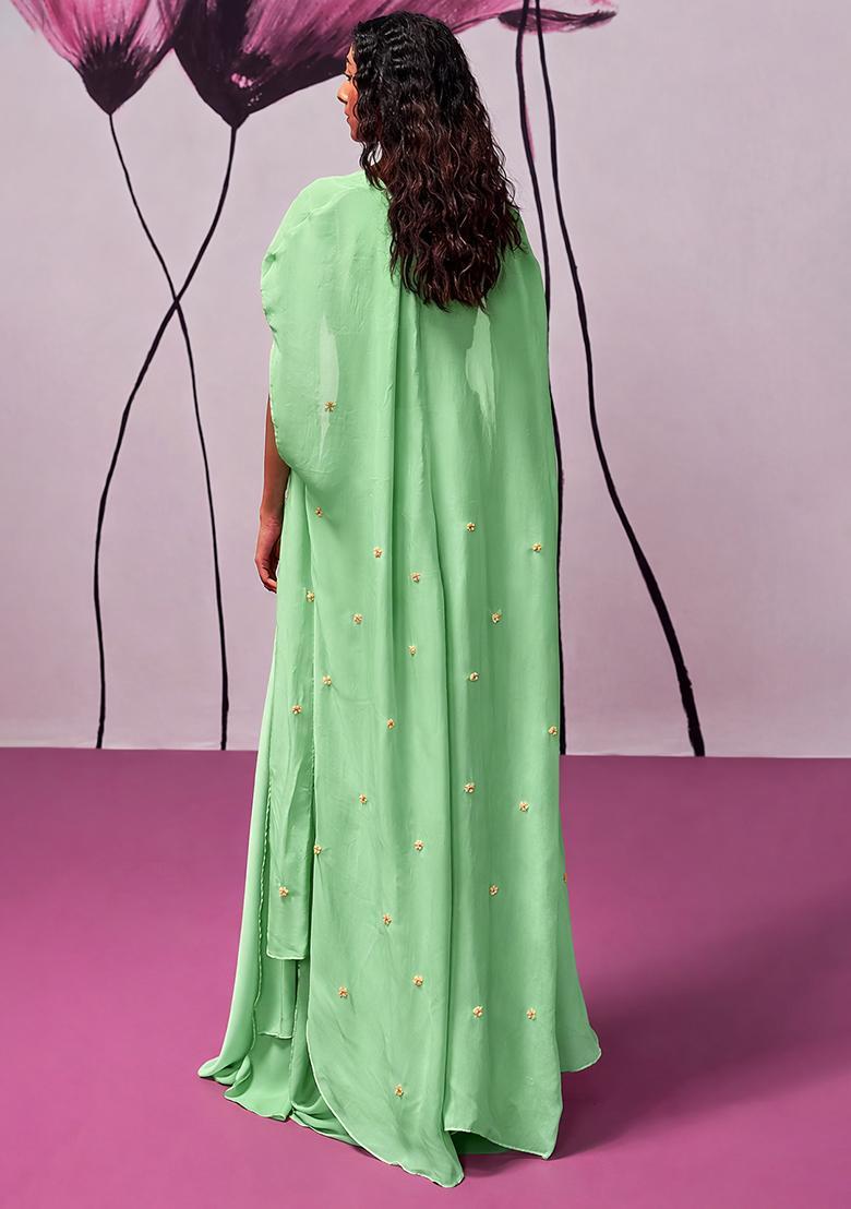 Mint Green Hand Work Embroidered Fusion Set - Indya
