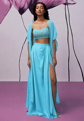 Aqua Blue Hand Work Embroidered Fusion Set