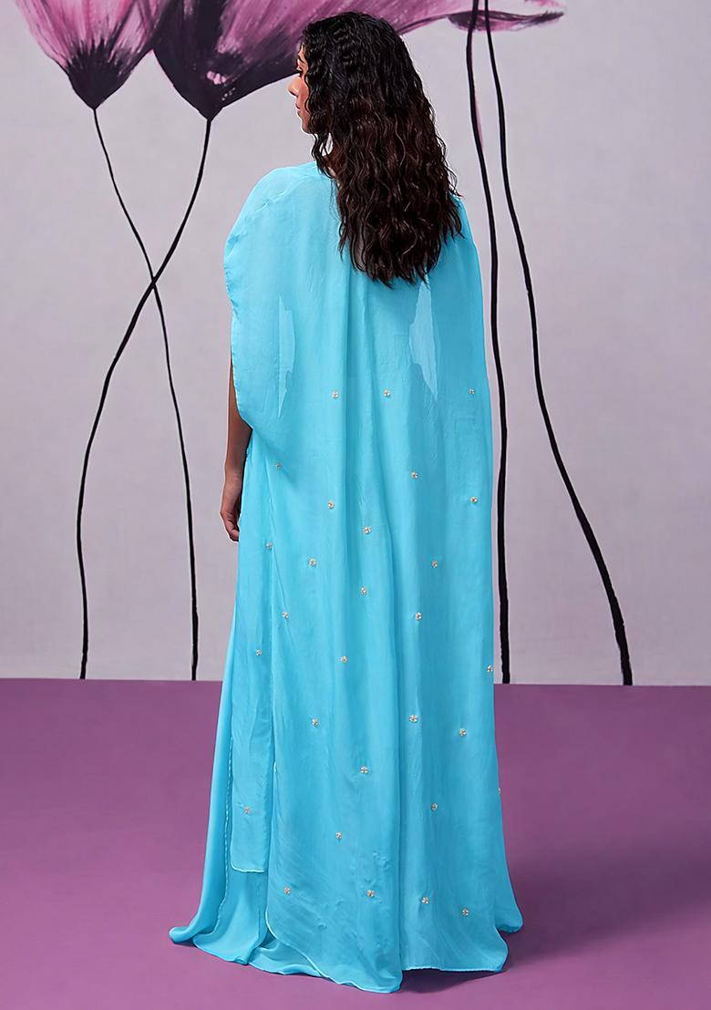 Aqua Blue Hand Work Embroidered Fusion Set - Indya