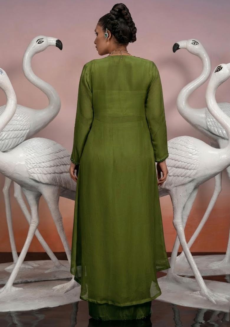 Green Hand Work Embellished Fusion Set - Indya