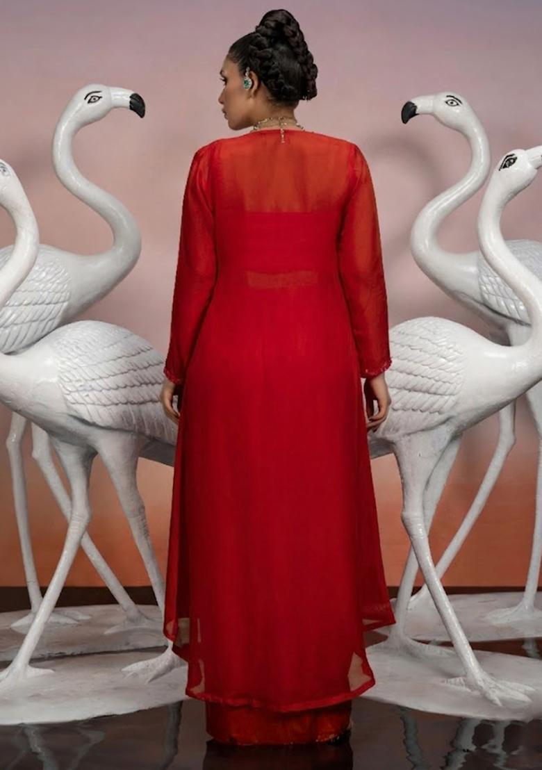 Red Hand Work Embellished Fusion Set - Indya