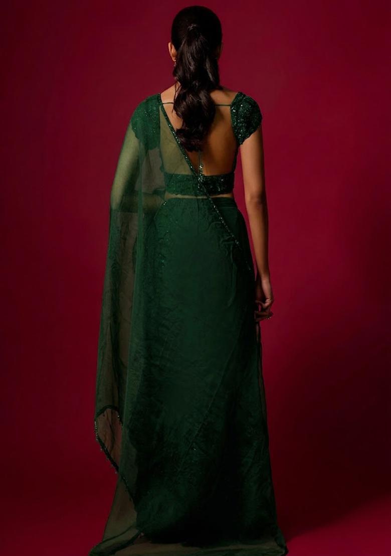 Green Hand Work Embellished Fusion Set - Indya