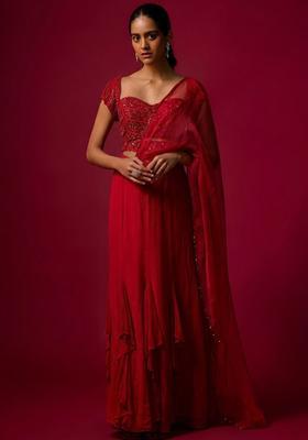 Red Hand Work Embellished Fusion Set
