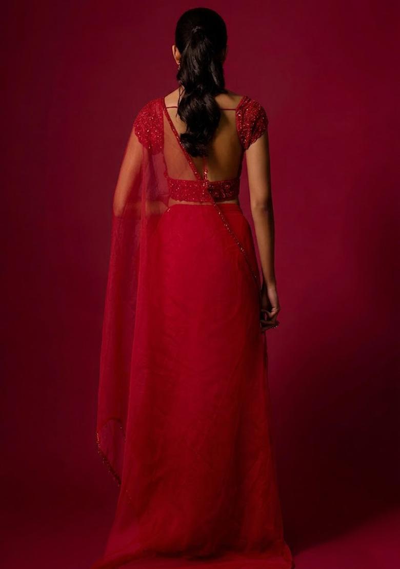 Red Hand Work Embellished Fusion Set - Indya