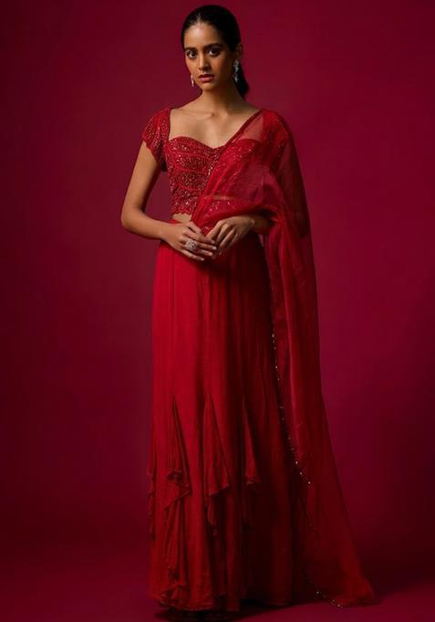 Red Hand Work Embellished Fusion Set