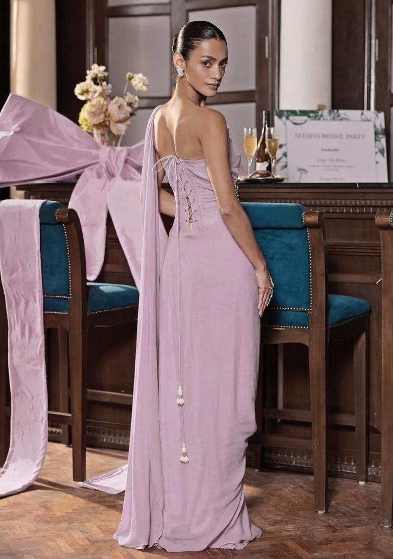 Light Purple Hand Work Embroidered Pre Draped Saree Set - Indya