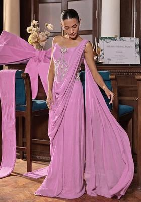 Soft Pink Hand Work Embroidered Pre Draped Saree Set