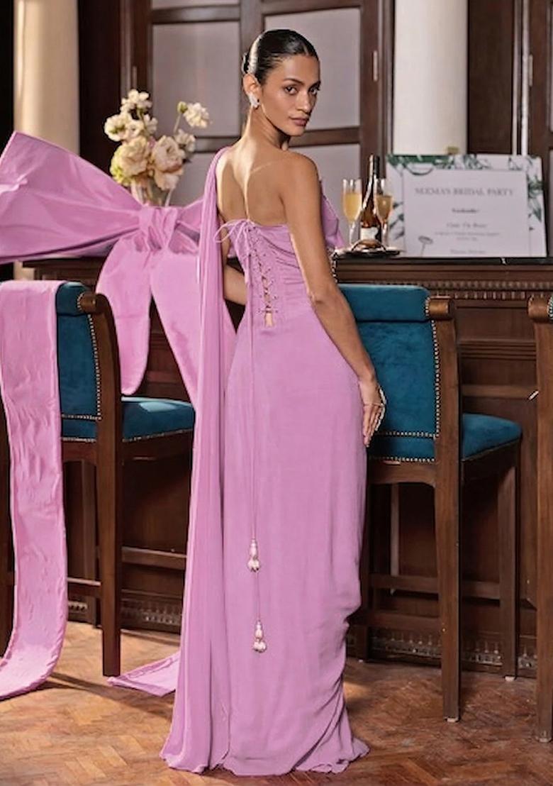 Soft Pink Hand Work Embroidered Pre Draped Saree Set - Indya