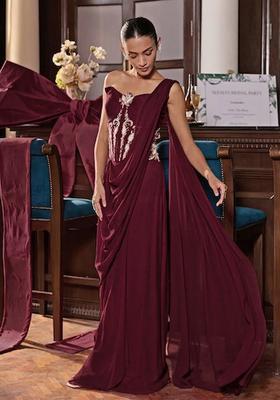  Red Hand Work Embroidered Pre Draped Saree Set