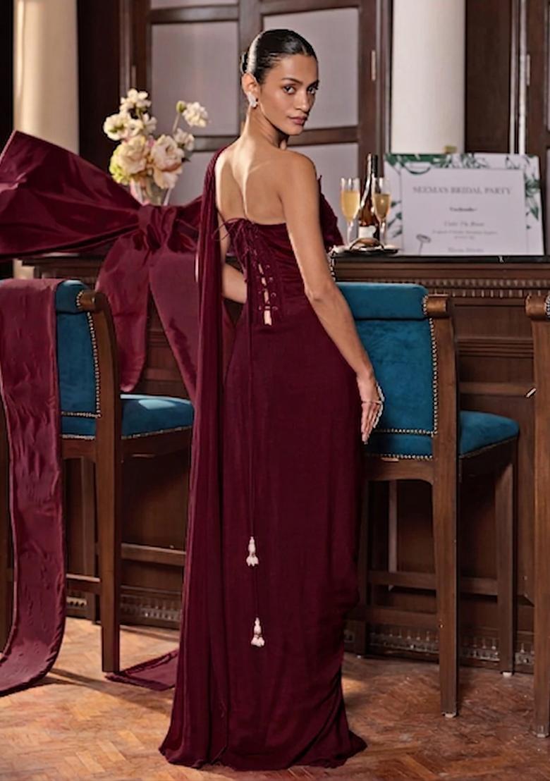  Red Hand Work Embroidered Pre Draped Saree Set - Indya