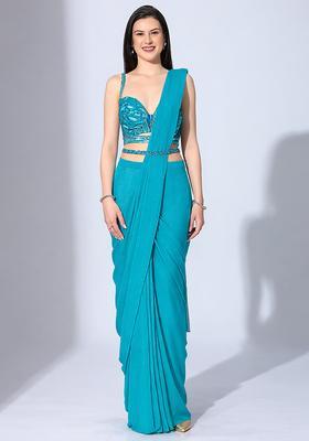 Sky Blue Hand Work Sequin Pre Draped Saree Set