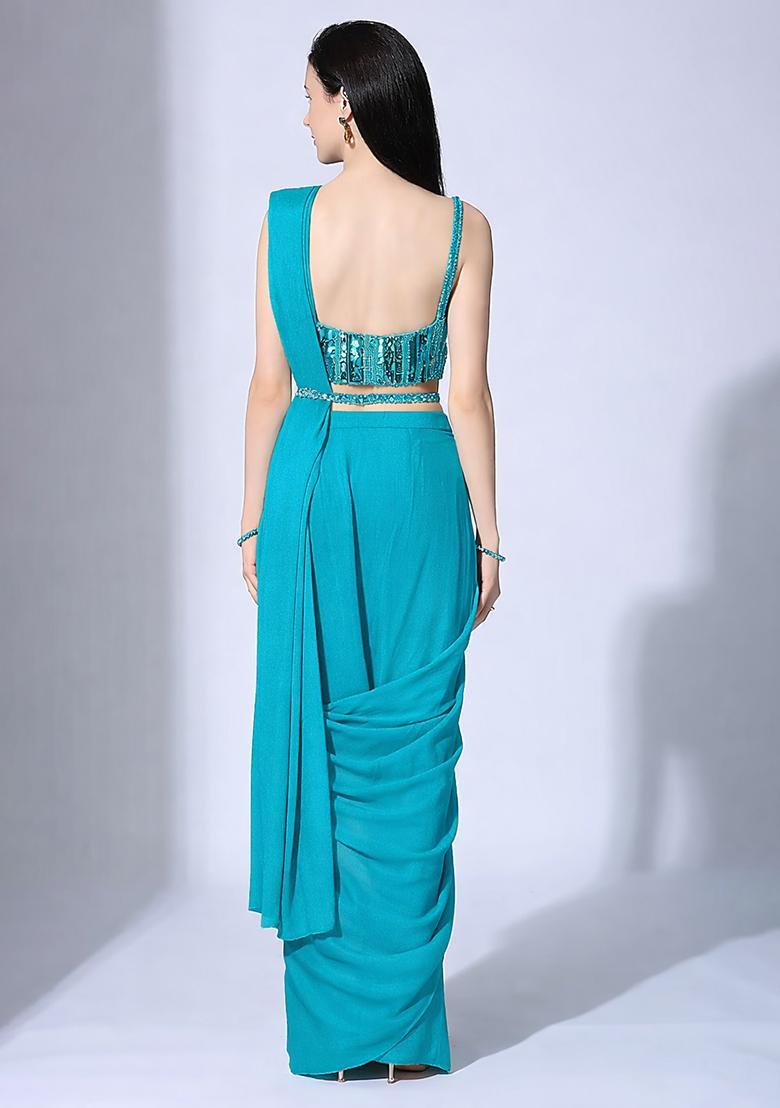 Sky Blue Hand Work Sequin Pre Draped Saree Set - Indya