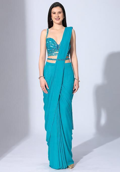 Sky Blue Hand Work Sequin Pre Draped Saree Set