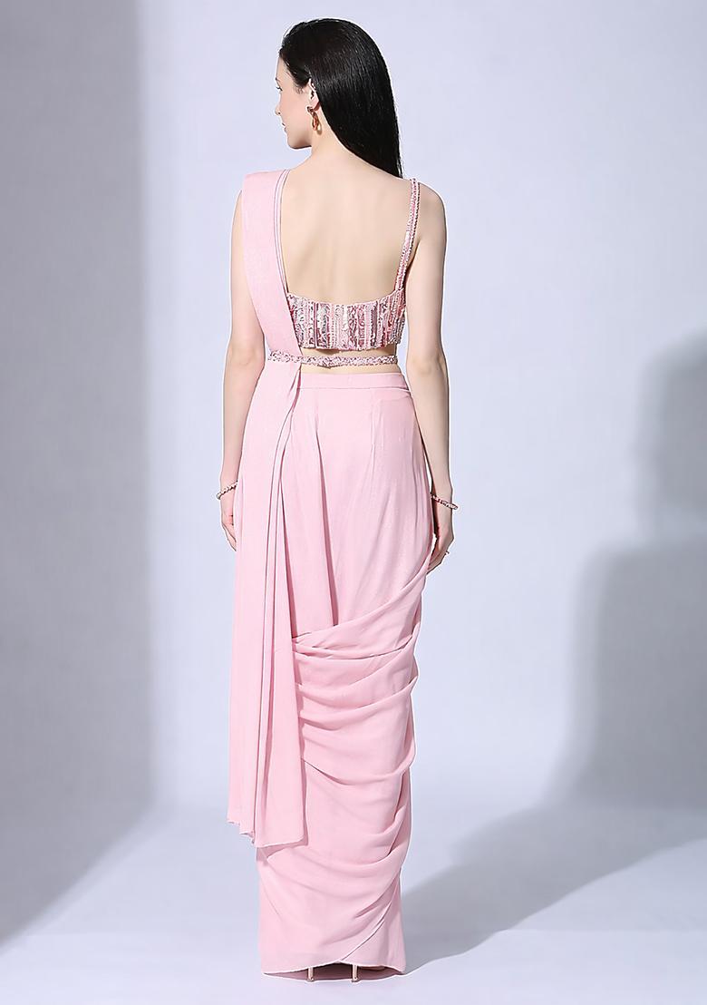 Bright Pink Hand Work Sequin Pre Draped Saree Set - Indya