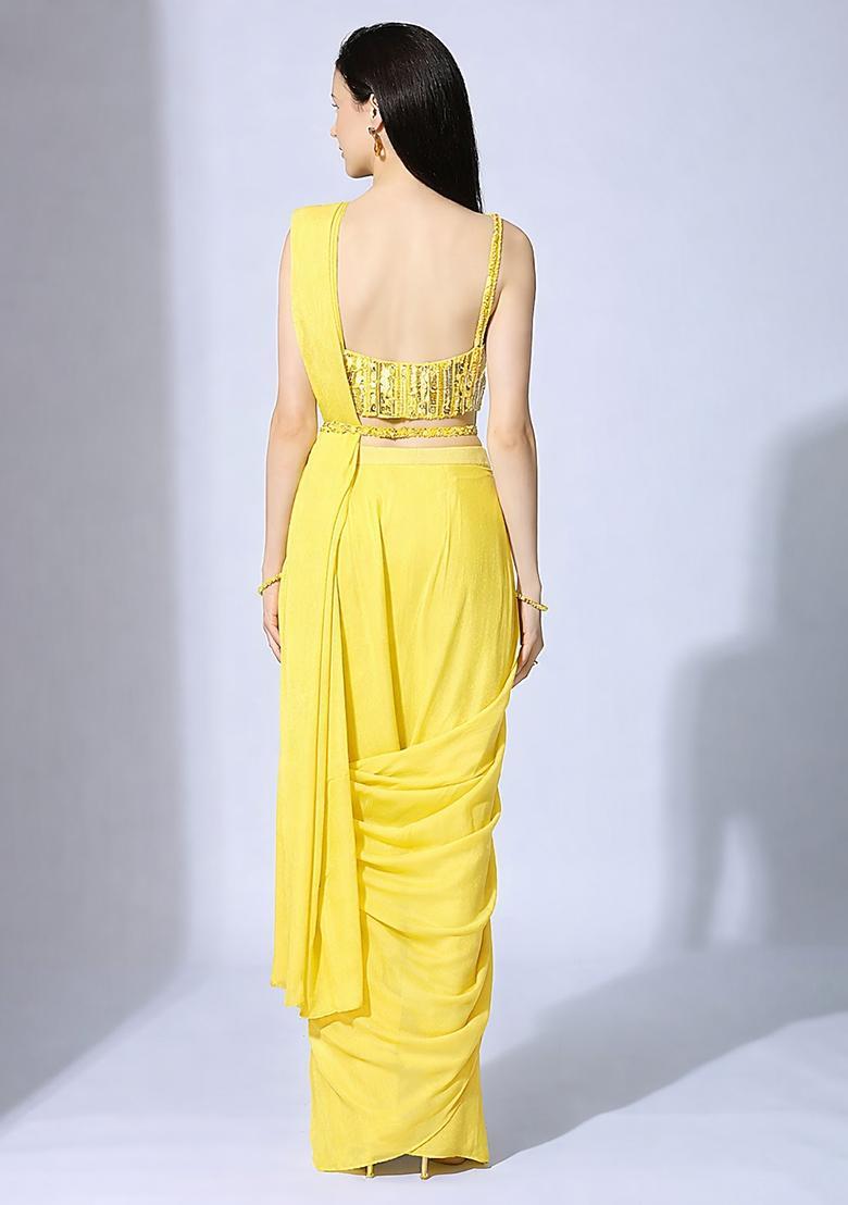 Bright Yellow Hand Work Sequin Pre Draped Saree Set - Indya
